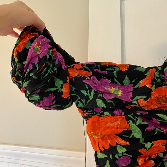 NWT Zara Floral Off Shoulder Puff Sleeve Mini Dress-Ruching - Picture 6 of 10